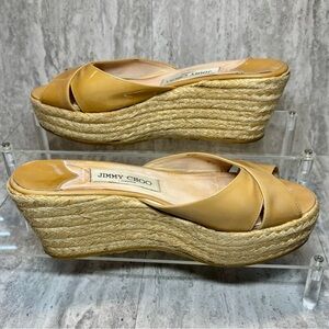 Jimmy Choo Beige Neutral Patent Leather Wedge Heels Slides Sz 39/8